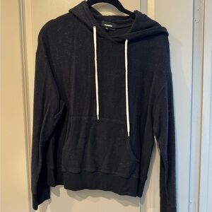 Monrow Black Hooded Crewneck Sweater with White Drawstrings